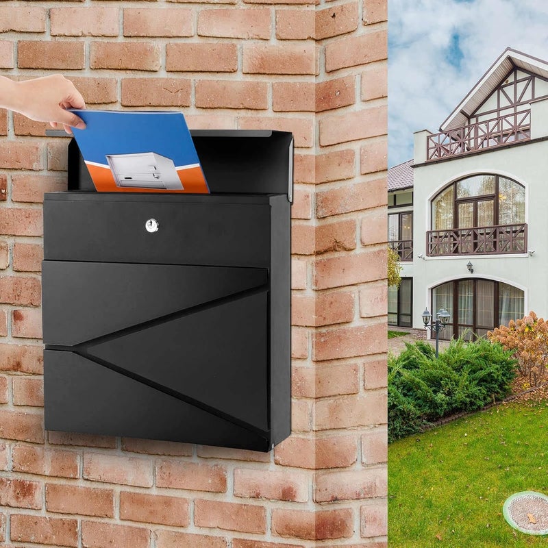 YOOBOX صندوق بريد مثبت على الحائط للمنزل خارجي، صندوق مفاتيح أمان مع قفل ومفاتيح، صندوق بريد قفل، صندوق بريد معدني مقاوم للصدأ، 11.02 × 11.02 × 4.33 بوصة، أسود، MD021 - Image 3