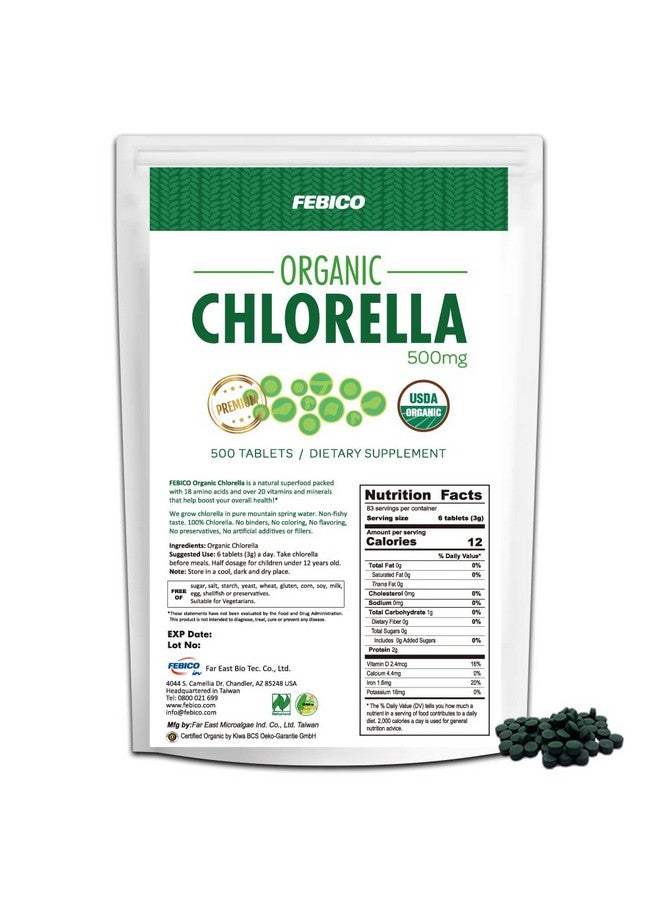 FEBICO Organic Chlorella Tablets 500Mg 500 Counts 83 Days Supply Multivitamins Vegan Green Superfood Detox Usda With Broken Cell Wall Chlorella - Image 1