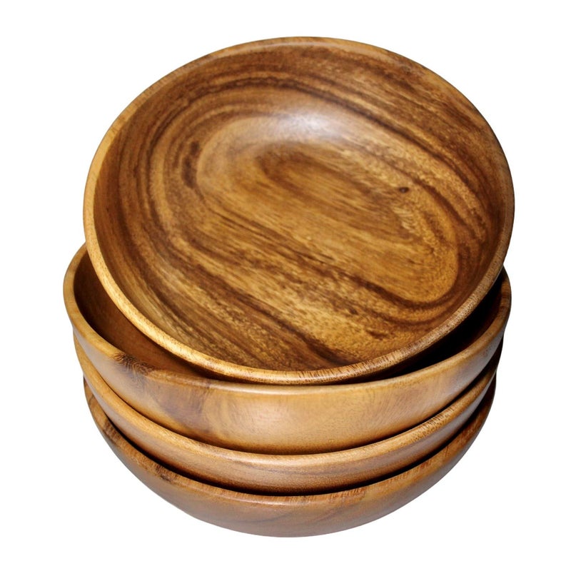 WRIGHTMART Acacia Wood Bowl Set of 4 7 Round x 2 Tall Perfect for Individual Portions Salads Snacks and Desserts Handmade Rustic Durable Natural Bowls for Kitchen or Dining Table