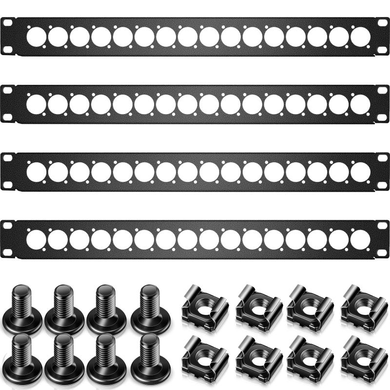 Dunzy 4 Pcs 1U Rack Panel XLR HDMI Audio Rack Mount Panel Connectors with M6 Screws Metal Punch Out Component Panel for Audio Enclosure Server Computer Equipment Studio, 19 Inch (16D Series) - Image 1