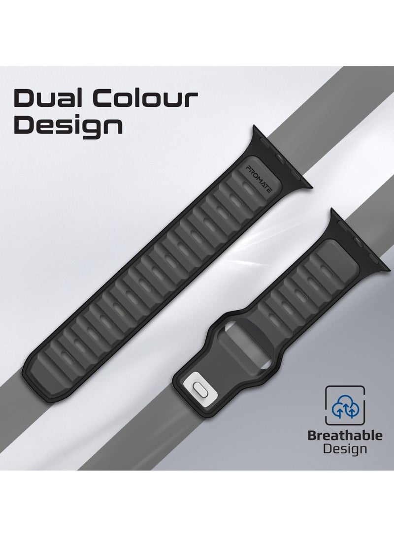 PROMATE Dual-Colour Apple Watch Band with Dust-Proof UV Treated Surface, Rust-Resistant Stainless-Steel Buckle, Durable Silicone Construction, Stylish Sporty Design for All Sizes and Series Compatibility, SiliBand-DC Black - Image 2