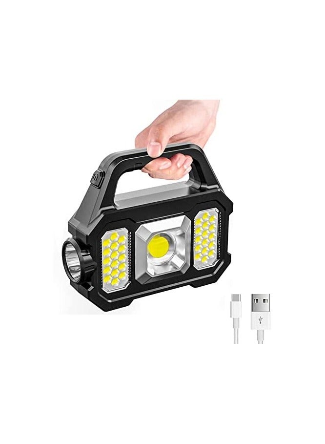 Solar Handheld Flashlight with USB Cable 6 Modes Rechargeable Multifunction Lights Super Bright LED Searchlight Lightweight Waterproof Portable Spotlight for Outdoor Camping - Image 1