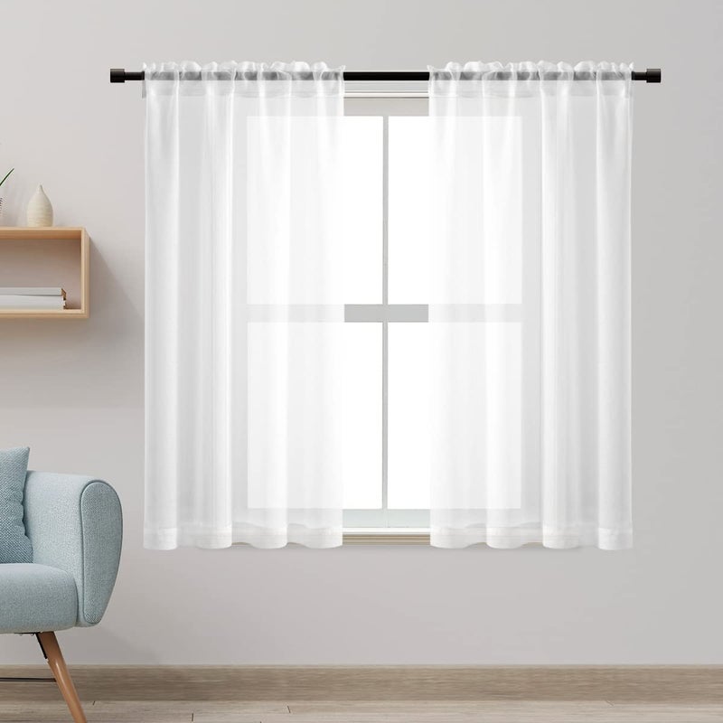 XTMYI Short Curtains 48 Inch Length 2 Panels Rod Pocket Sheer Small Curtains for Kitchen Bathroom Bedroom Bay Window White