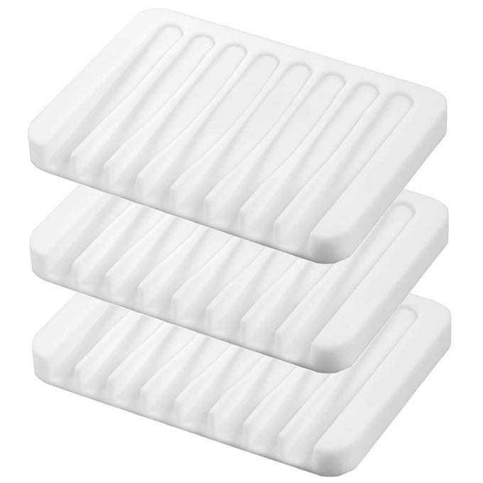 SELF DRAINING SOAP DISHES 3 PCS SILICONE SOAP SAVER WATERFALL DRAINER SOAP HOLDER FOR BATHROOM EXTEND SOAP LIFE KEEP SOAP BARS DRY CLEAN EASY CLEANING WHITE