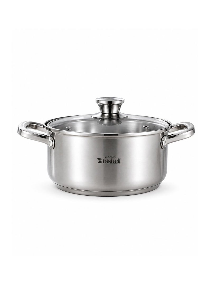 Bisbell 16cm Stainless Steel Casserole Pot With Glass Lid, Twin Handles, Cooking Pot For Soup, Rice, Pasta & Stew, Silver - Image 1