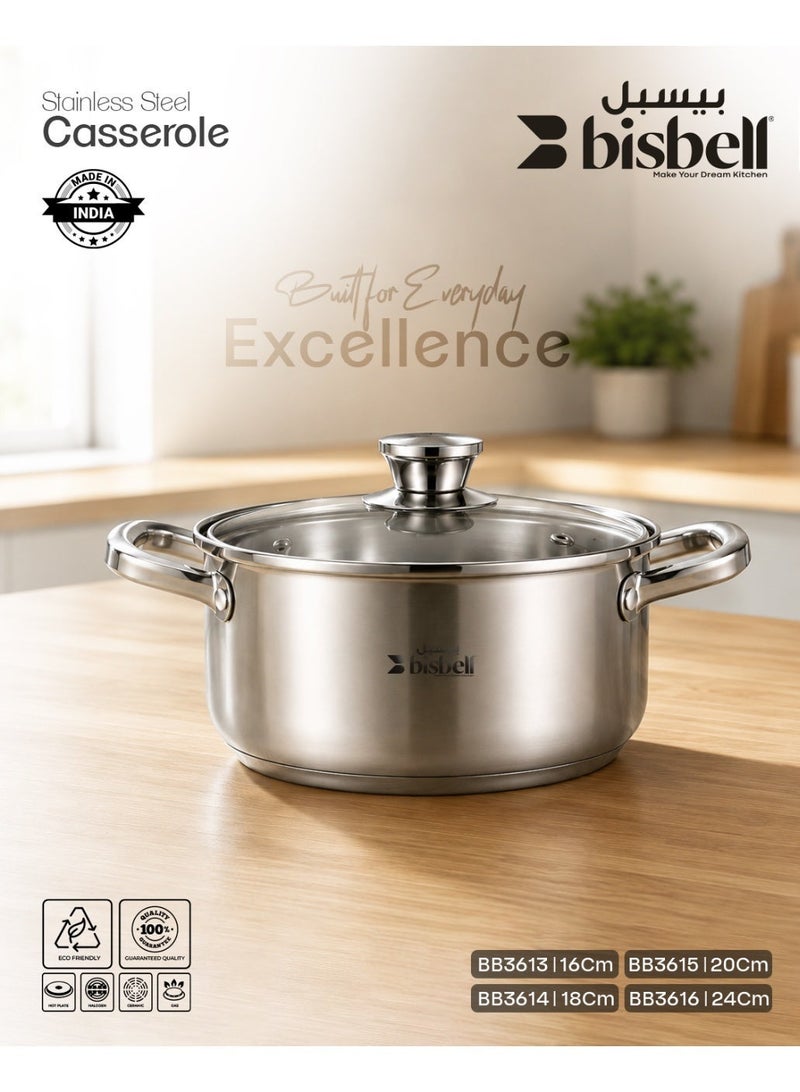 Bisbell 16cm Stainless Steel Casserole Pot With Glass Lid, Twin Handles, Cooking Pot For Soup, Rice, Pasta & Stew, Silver - Image 2