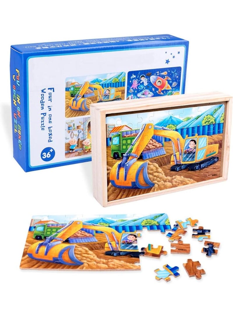 ألغاز خشبية 4 في 1 في صندوق تخزين (12، 24، 36، 48 قطعة) - ألغاز شاحنات هندسية للأطفال من عمر 3 سنوات فما فوق - هدايا - Image 1