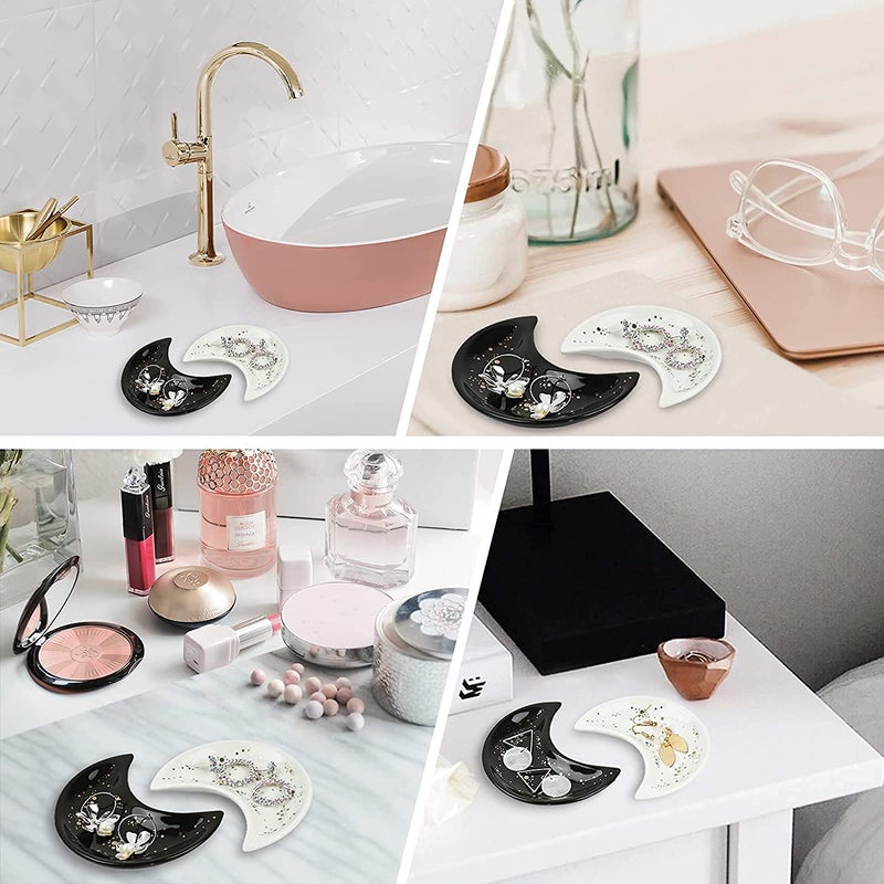 Sweetgo Small Moon Jewelry Dish Tray  Decorative Ceramic Trinket Dish  Modern Accent Tray For Vanity 2Pcs(White And Black ) - Image 4