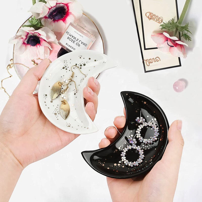 Sweetgo Small Moon Jewelry Dish Tray  Decorative Ceramic Trinket Dish  Modern Accent Tray For Vanity 2Pcs(White And Black ) - Image 2