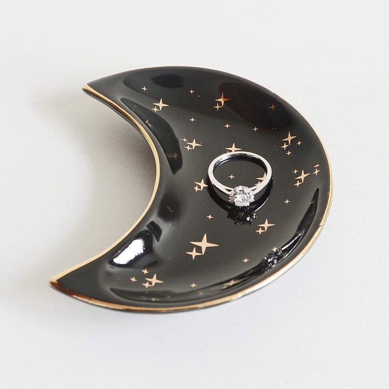 Sweetgo Small Moon Jewelry Dish Tray  Decorative Ceramic Trinket Dish  Modern Accent Tray For Vanity 2Pcs(White And Black ) - Image 5