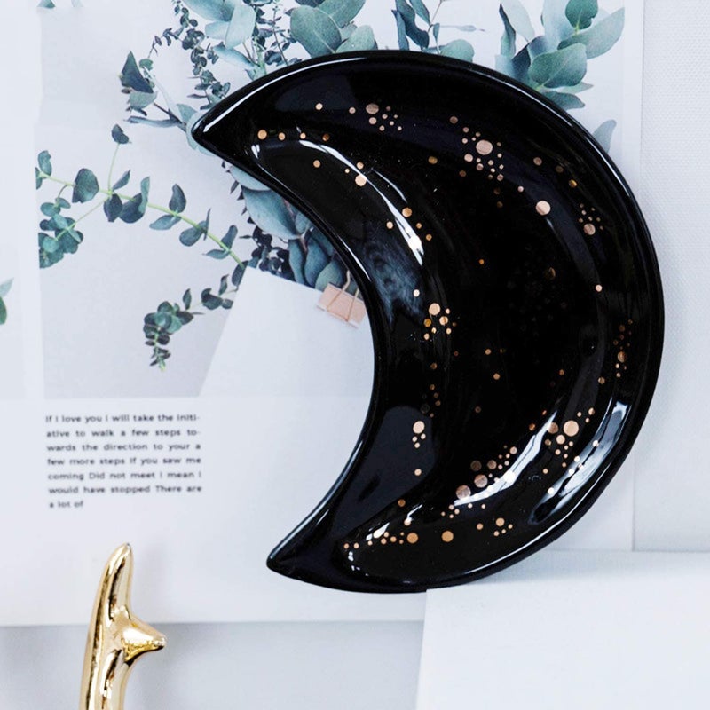 Sweetgo Small Moon Jewelry Dish Tray  Decorative Ceramic Trinket Dish  Modern Accent Tray For Vanity 2Pcs(White And Black ) - Image 3