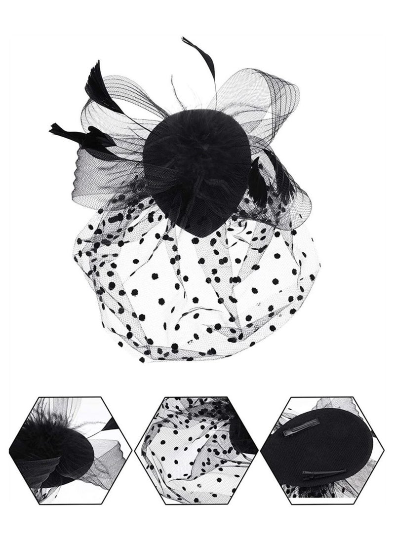 Captaintech 1950s Vintage Fascinator Hat Faux Feather Mesh Net Hat Tea Party Headwear with Veil and Women Short Lace Gloves, Costume Accessories for Girls and Women Wedding (Black)  - Image 5