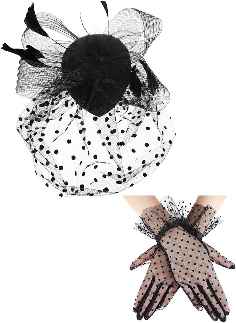 Captaintech 1950s Vintage Fascinator Hat Faux Feather Mesh Net Hat Tea Party Headwear with Veil and Women Short Lace Gloves, Costume Accessories for Girls and Women Wedding (Black)  - Image 1