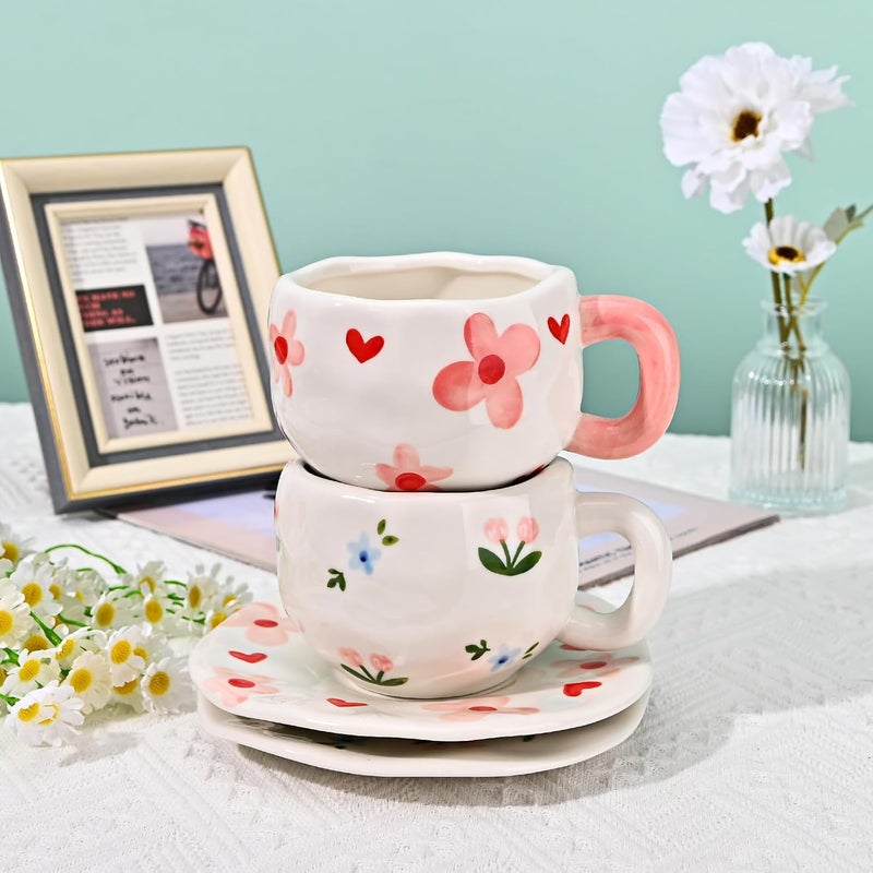Koythin Ceramic Coffee Mug with Saucer Set Cute Creative Pink and Blue Floral Cup Unique Irregular Design for Office and Home 10 oz300 ml for Latte Tea Milk - Image 5