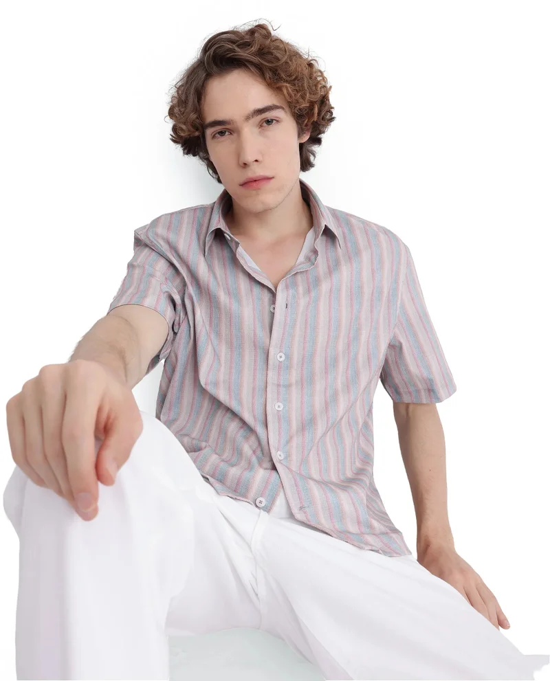 Rare Rabbit Men's Half Sleeve Regular Fit Stripe Shirt
