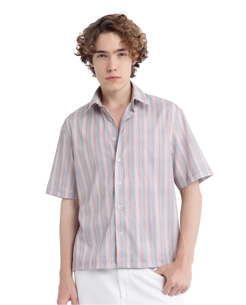 Rare Rabbit Men's Half Sleeve Regular Fit Stripe Shirt