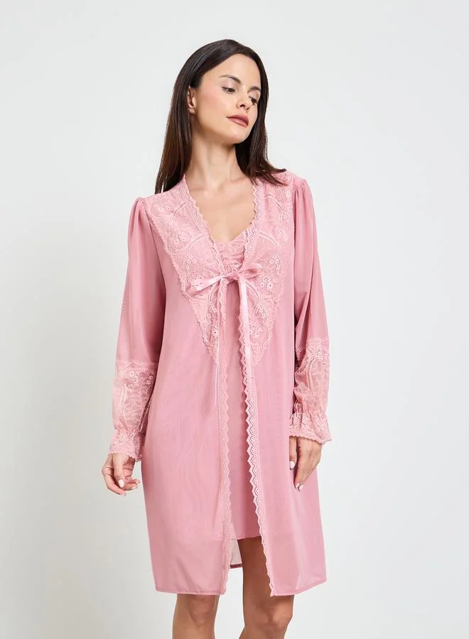 Take Two Pink Lace Trim Slip And Robe Set