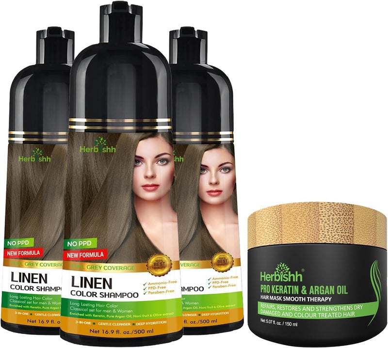 Herbishh Combo Pack - 3Pcs Linen Hair Color Shampoo 500ml + 1Pc Argan Intense Hair Mask 150ml - Image 1