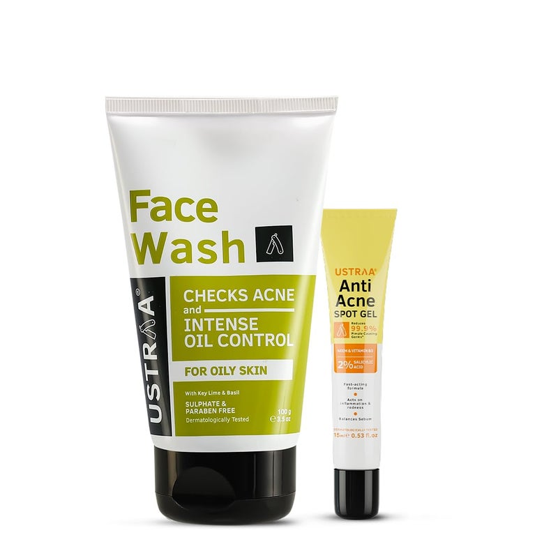 Ustraa Face Wash - Oily Skin - 100g | With Basil & Key Lime - For Acne-Prone Skin | Checks Acne & Blackheads & Anti-Acne Spot Gel - 15ml | Reduces 99.9% Pimple-Causing Germs, With 2% Salicylic Acid - Image 1