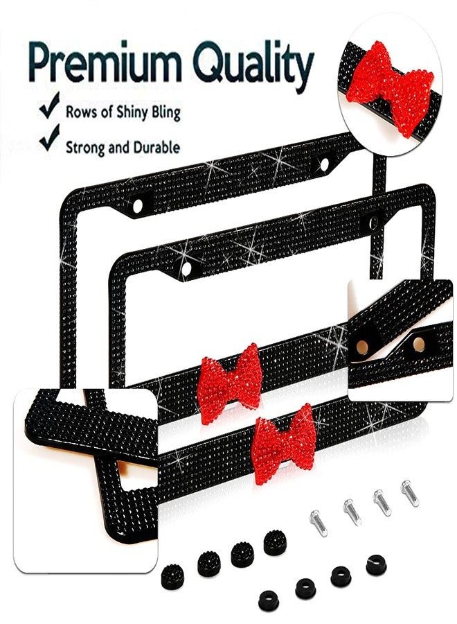 LEIWOOR 2 Pack Bling License Plate Frame，Handcrafted Bling Rhinestone Premium Stainless Steel License Plate Frame，14 Facets Clear Color Rhinestone Crystal (Black&Red-Bow) - Image 2