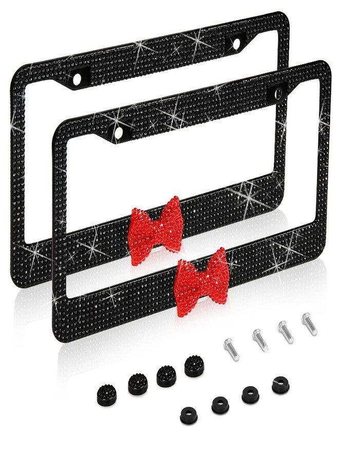 LEIWOOR 2 Pack Bling License Plate Frame，Handcrafted Bling Rhinestone Premium Stainless Steel License Plate Frame，14 Facets Clear Color Rhinestone Crystal (Black&Red-Bow) - Image 1