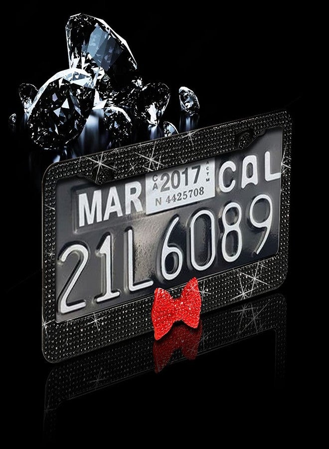 LEIWOOR 2 Pack Bling License Plate Frame，Handcrafted Bling Rhinestone Premium Stainless Steel License Plate Frame，14 Facets Clear Color Rhinestone Crystal (Black&Red-Bow) - Image 3