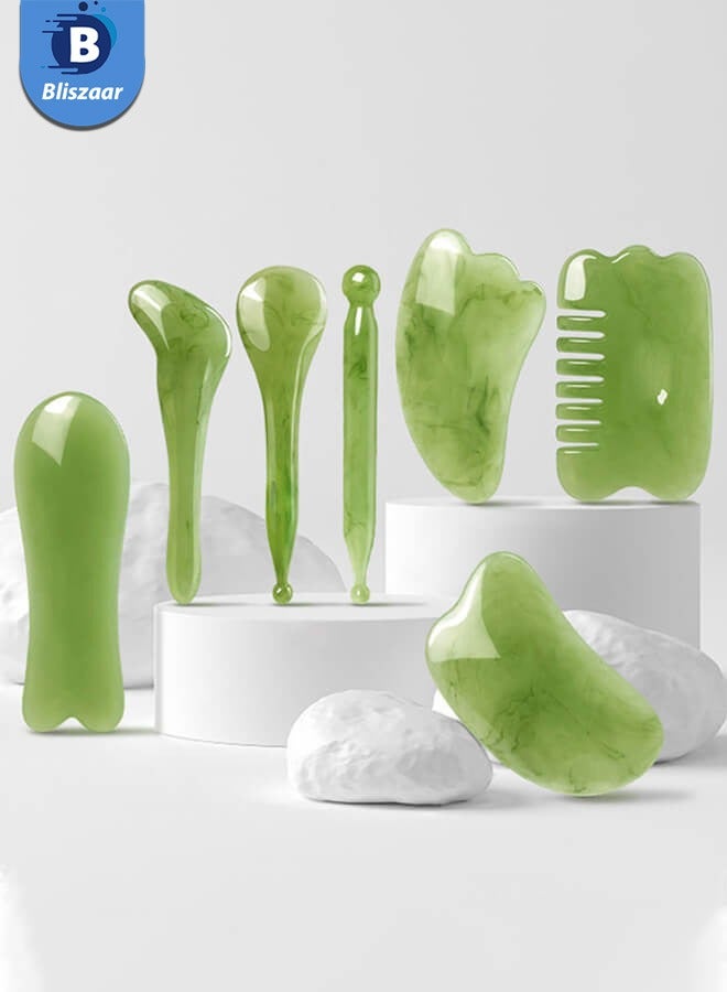 Bliszaar 7 Pack Gua Sha Scraping Massage Facial Tools Kit, Resin Guasha Scraper Board Health Care Beauty Scrape Plate with Flax Bag for Face Body Leg Back Care Physical Acupuncture Deep Tissue Therapy (Green)  - Image 1