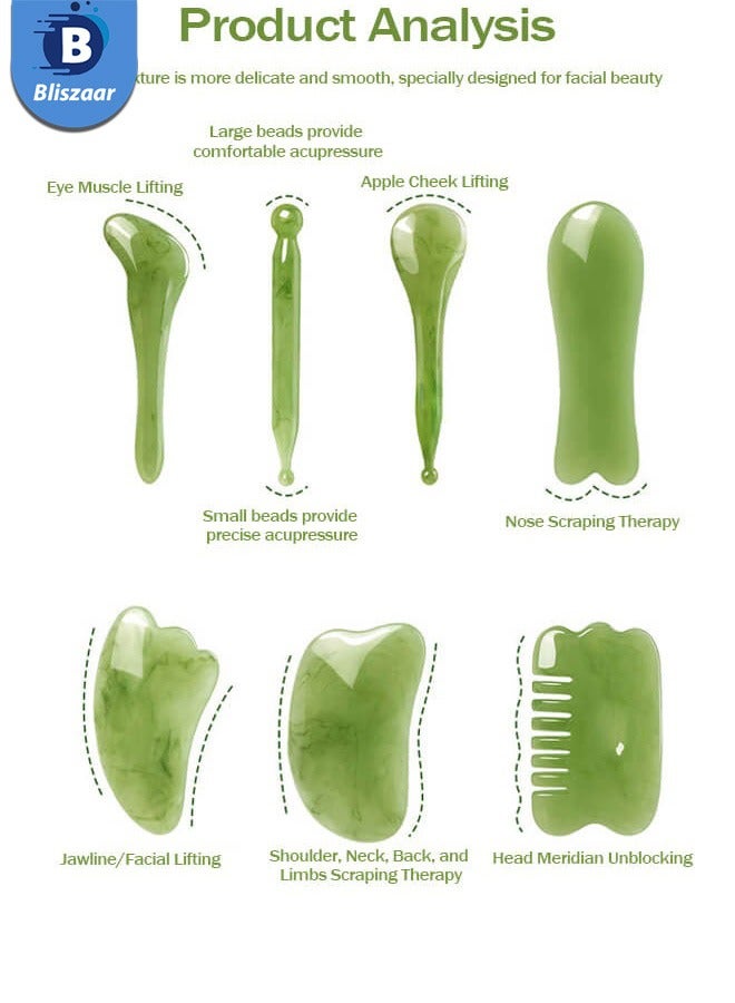 Bliszaar 7 Pack Gua Sha Scraping Massage Facial Tools Kit, Resin Guasha Scraper Board Health Care Beauty Scrape Plate with Flax Bag for Face Body Leg Back Care Physical Acupuncture Deep Tissue Therapy (Green)  - Image 2