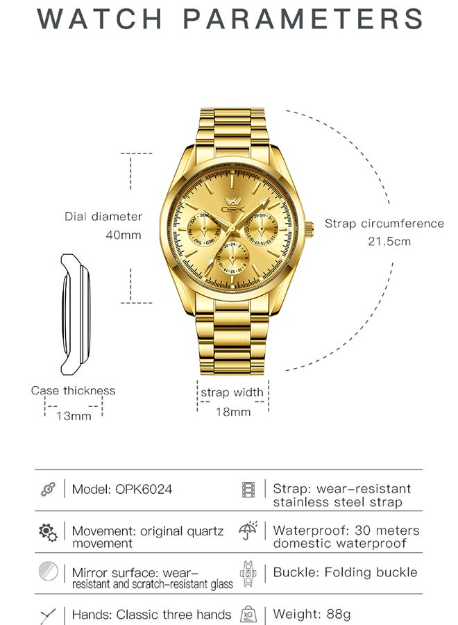 OPK Watches, Fashionable and Casual Men's Watch, Luminous Waterproof Quartz Watch, Men's Watch, 6024, All-Gold Dial - Image 3