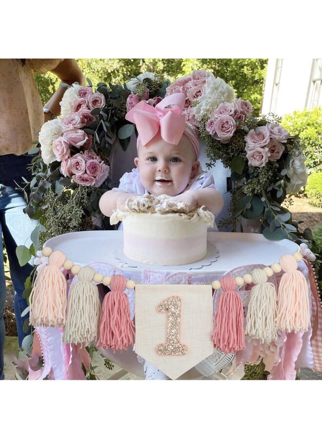 1st Birthday High Chair Banner First Highchair Banner For Baby Boys/Girls Handmade Wall Hangings Boho Wood Bead Tassel Garland 1 Birthday Party Decorations Photoshoot Props (Pink) - Image 3
