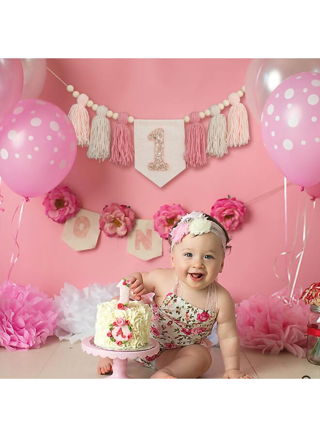 1st Birthday High Chair Banner First Highchair Banner For Baby Boys/Girls Handmade Wall Hangings Boho Wood Bead Tassel Garland 1 Birthday Party Decorations Photoshoot Props (Pink) - Image 2