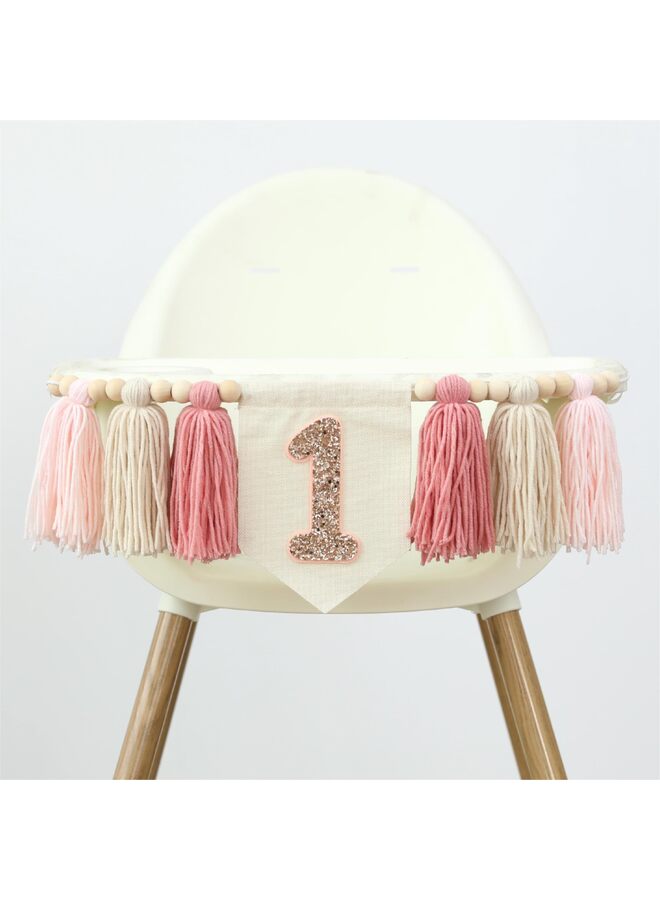 1st Birthday High Chair Banner First Highchair Banner For Baby Boys/Girls Handmade Wall Hangings Boho Wood Bead Tassel Garland 1 Birthday Party Decorations Photoshoot Props (Pink) - Image 1