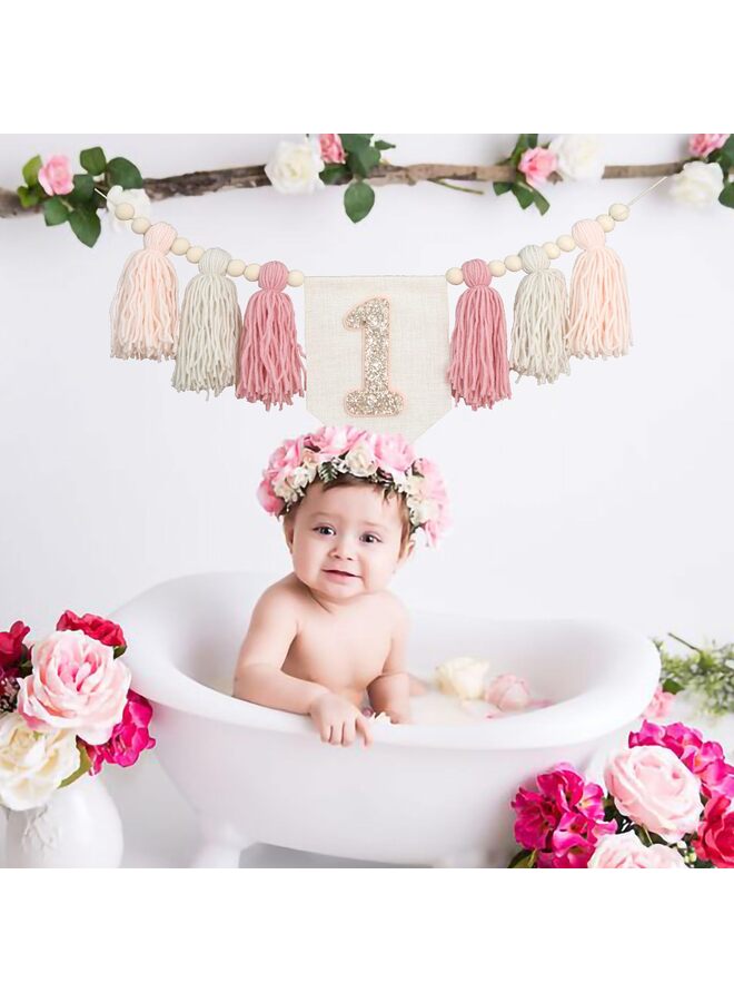 1st Birthday High Chair Banner First Highchair Banner For Baby Boys/Girls Handmade Wall Hangings Boho Wood Bead Tassel Garland 1 Birthday Party Decorations Photoshoot Props (Pink) - Image 5