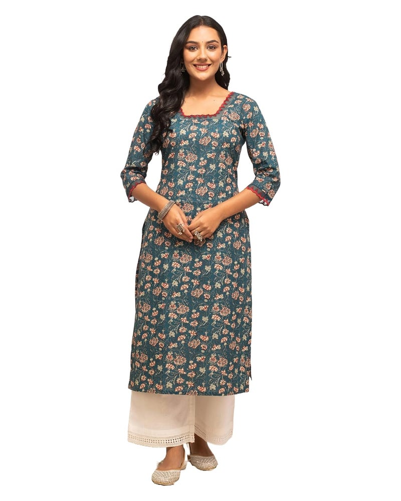 FIORRA Women's Cotton Straight Fit Floral Printed Kurta - Image 1
