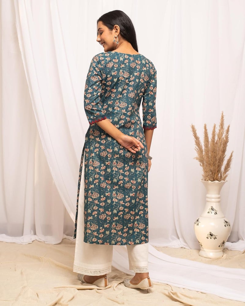FIORRA Women's Cotton Straight Fit Floral Printed Kurta - Image 4