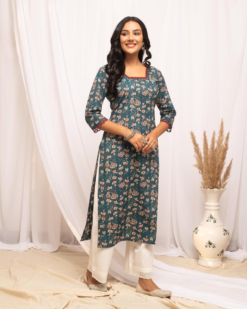 FIORRA Women's Cotton Straight Fit Floral Printed Kurta - Image 2