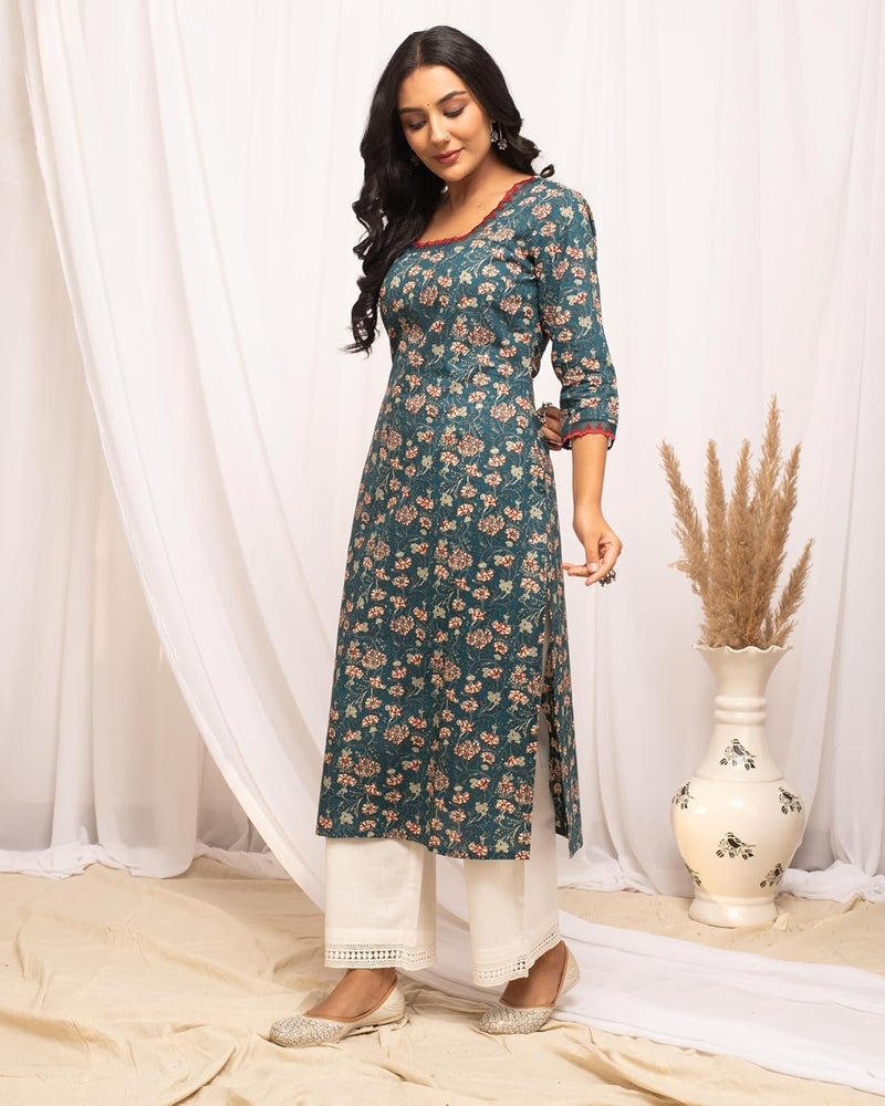 FIORRA Women's Cotton Straight Fit Floral Printed Kurta - Image 3