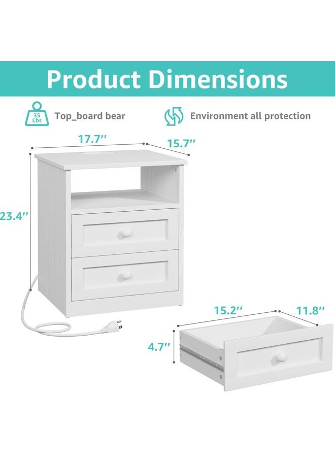 NUTIKAS White Wooden Nightstand with Charging Station - Framhous Led Night Stand with 2 Drawers Modern Bedside Table for Bedroom Wood End Table with Lights and Storage - Image 2