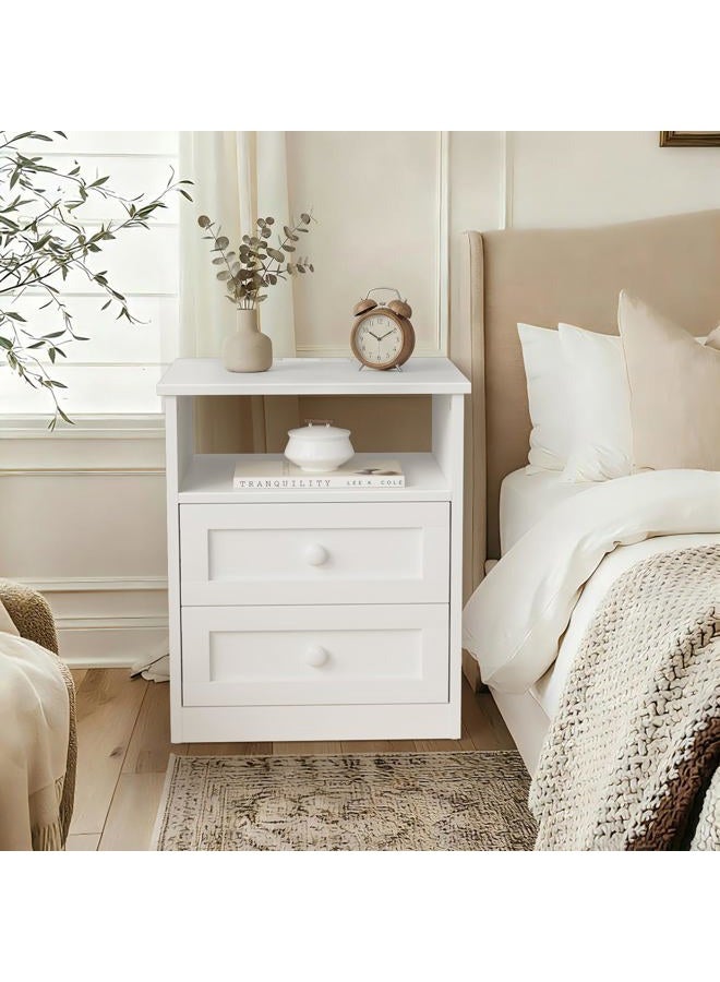 NUTIKAS White Wooden Nightstand with Charging Station - Framhous Led Night Stand with 2 Drawers Modern Bedside Table for Bedroom Wood End Table with Lights and Storage - Image 5