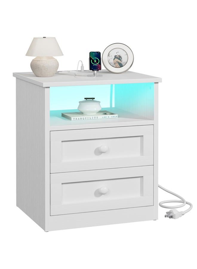 NUTIKAS White Wooden Nightstand with Charging Station - Framhous Led Night Stand with 2 Drawers Modern Bedside Table for Bedroom Wood End Table with Lights and Storage - Image 1