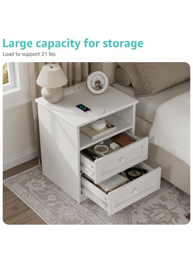 NUTIKAS White Wooden Nightstand with Charging Station - Framhous Led Night Stand with 2 Drawers Modern Bedside Table for Bedroom Wood End Table with Lights and Storage - Image 4