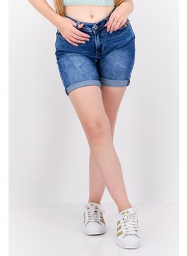 Women Washed Denim Pull On Shorts, Blue