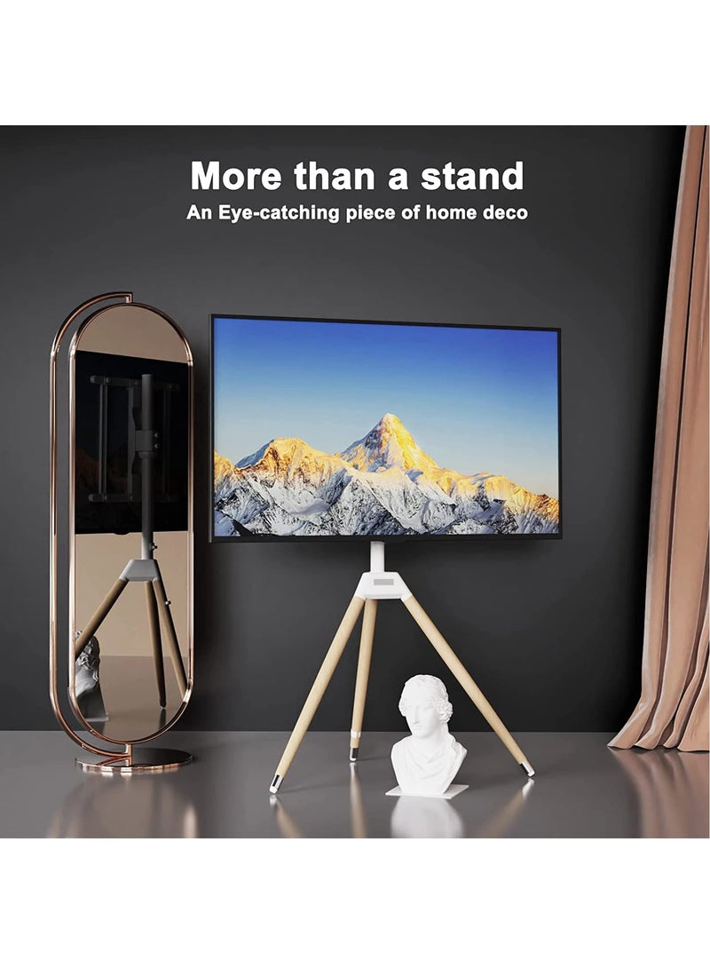 FlashHawk Tripod TV Stand with Swivel & Tilt, Wooden Tripod Base for 32-65 Inch Screens, Corner Floor TV Stand with Safety Rope and Cable Management for Living Room, Bedroom, Studio-White  - Image 4