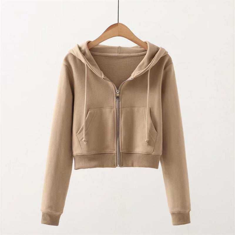 YPFF Fashion Womens Sweatshirt Autumn New European and American Fashion Solid Color Hooded Zipper Short High Waist Navel Top 2055/Khakis - Image 1