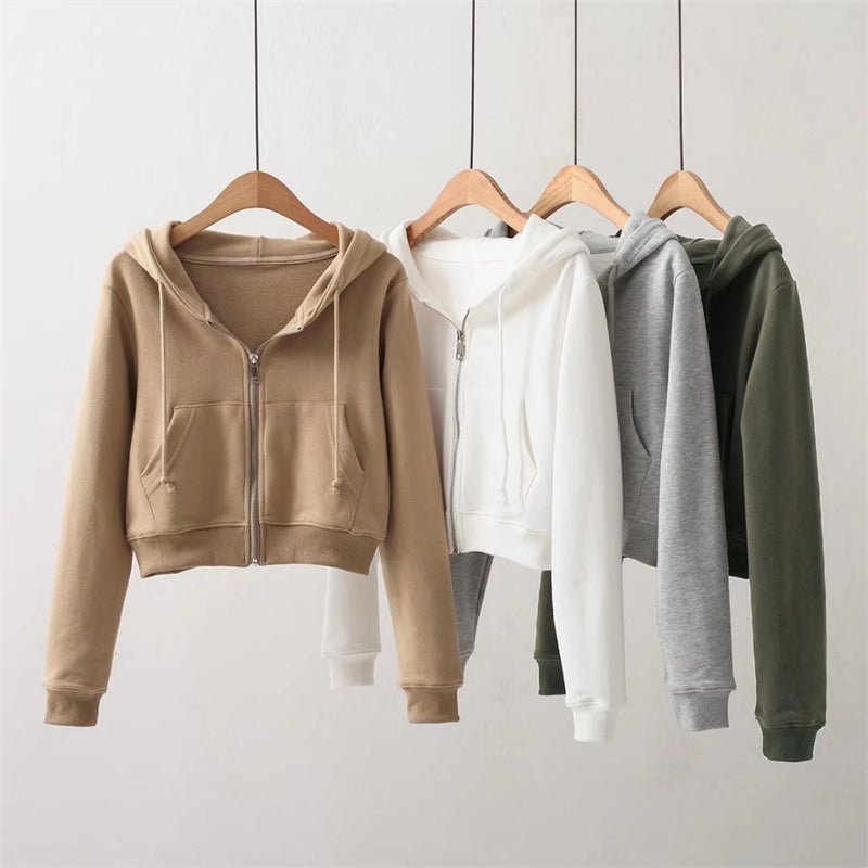 YPFF Fashion Womens Sweatshirt Autumn New European and American Fashion Solid Color Hooded Zipper Short High Waist Navel Top 2055/Khakis - Image 4