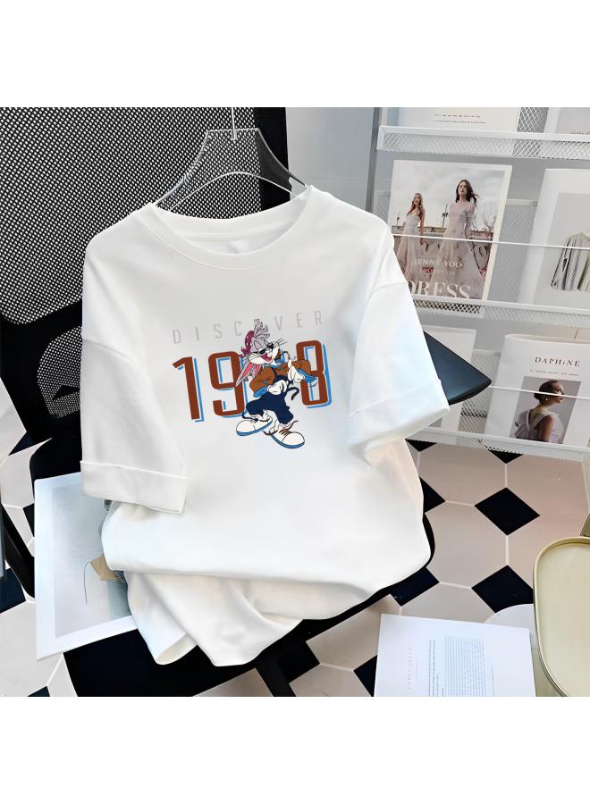 Song Feng Ya Graffiti Rabbit Tiktok Hot Real Shot Heavy Thick Summer Fashionable New Girl Style Pure Cotton Short-sleeved T-shirt For Women
