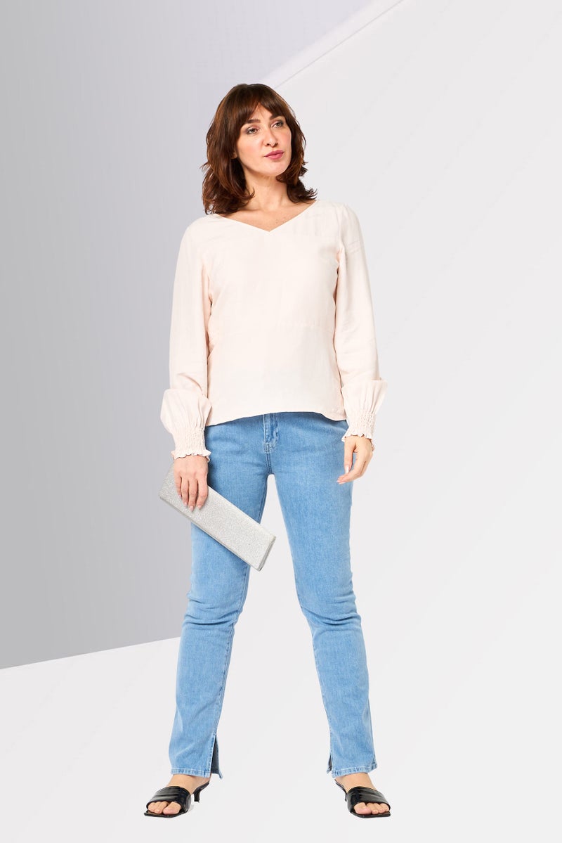 Karl Lagerfeld Women V Neck Long Sleeve Solid Blouse, Light Peach - Image 2