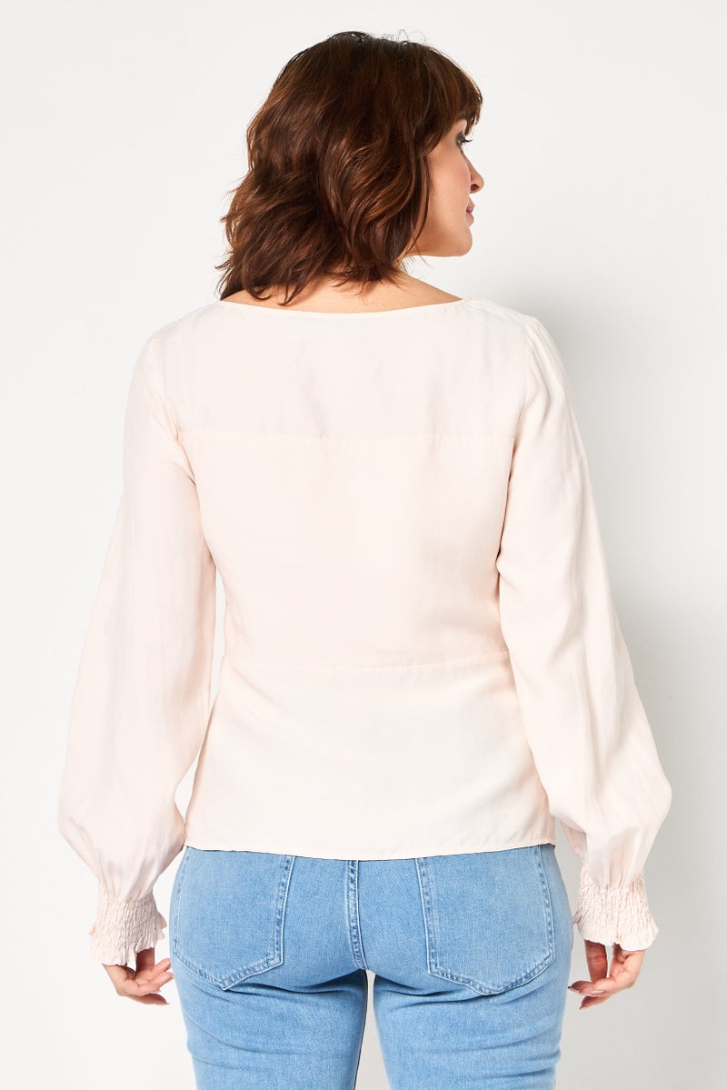 Karl Lagerfeld Women V Neck Long Sleeve Solid Blouse, Light Peach - Image 4