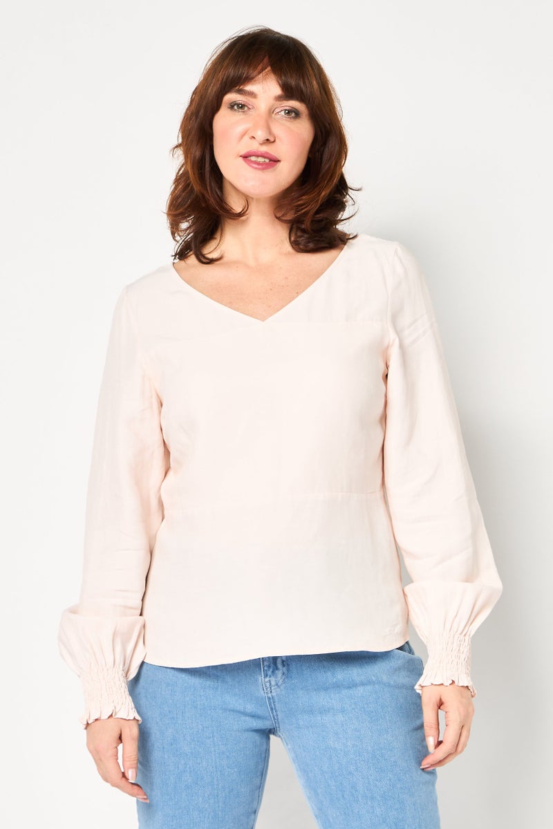 Karl Lagerfeld Women V Neck Long Sleeve Solid Blouse, Light Peach - Image 1