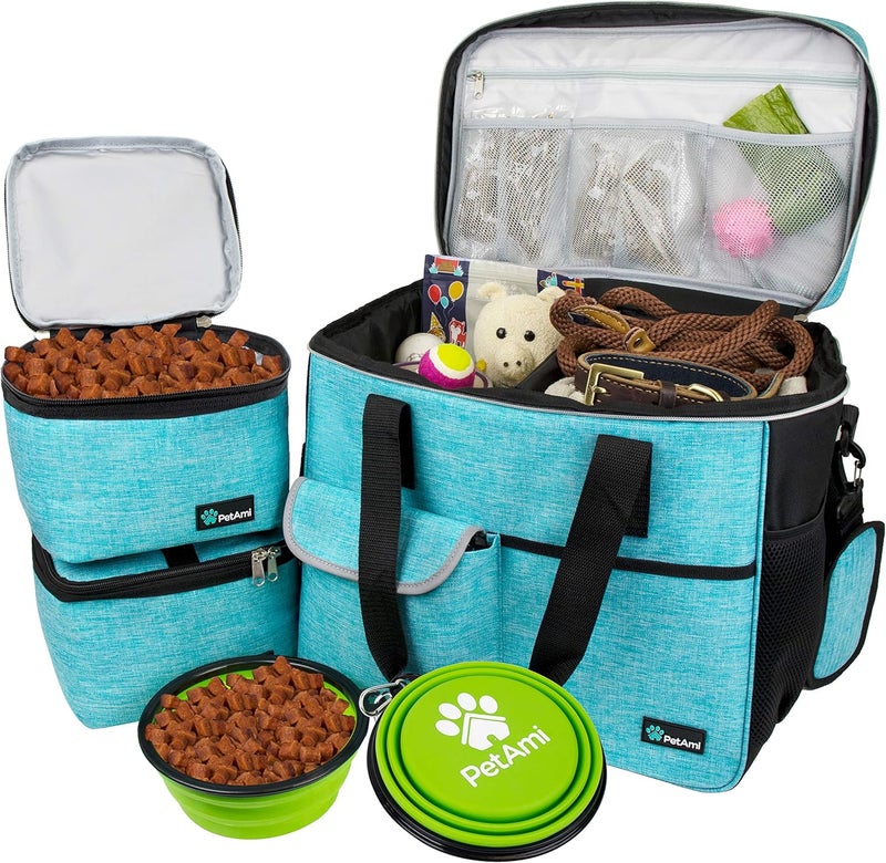 PetAmi Travel Bag Organizer - Dog & Cat Diaper Bag with Food Container and Bowls, Perfect for Weekend Camping (Sea Blue, Large) - Image 1